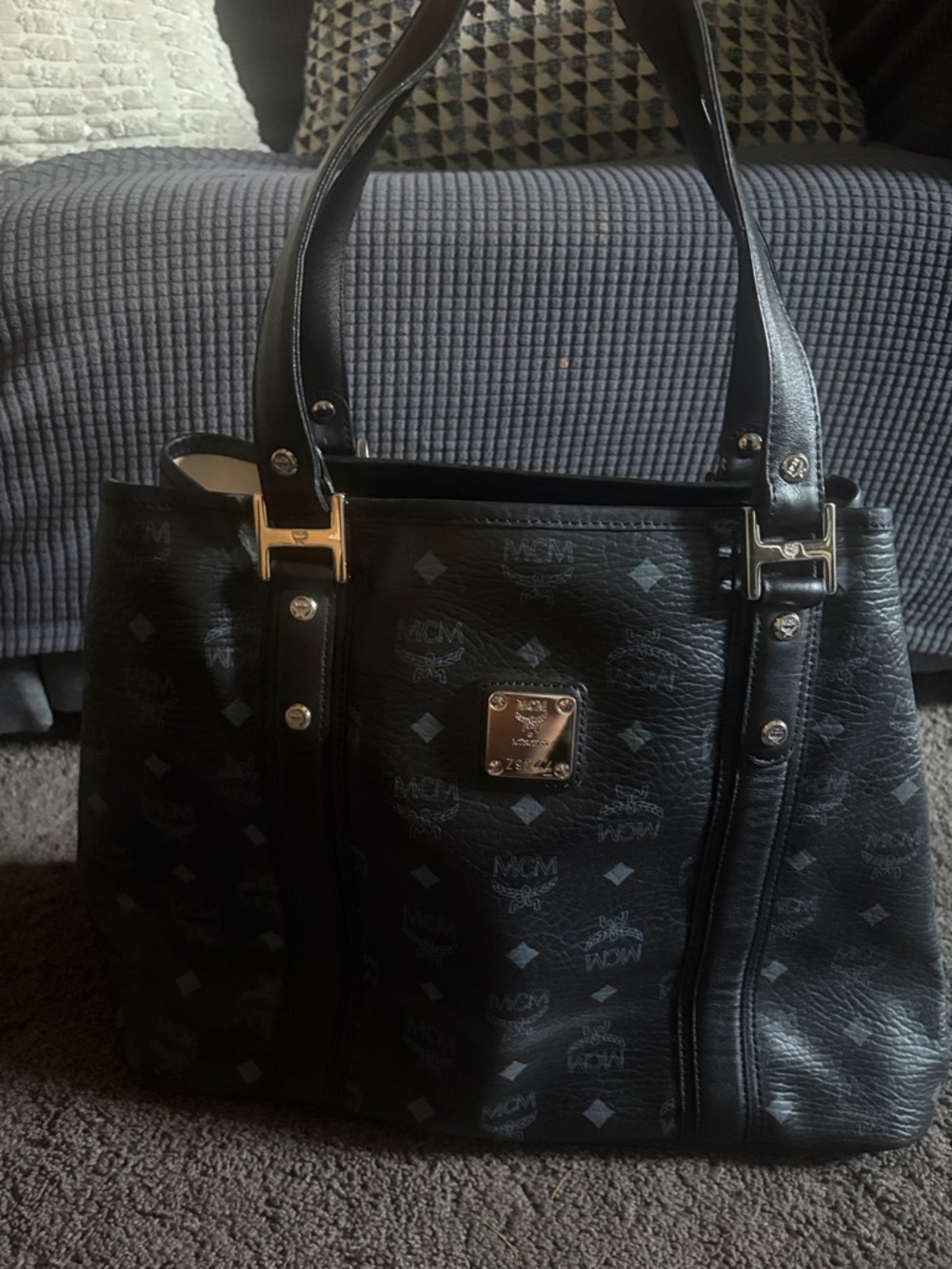 MCM Black Visetos Logo Tote with Gold Hardware